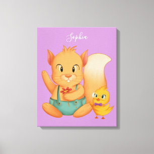 Impressão Em Tela Esquilo e Pato, Nome Branco, Lavanda Pálida