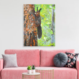Impressão Em Tela Esquilo no Pinheiro – Pintura a Óleo Realista