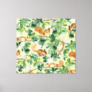 Impressão Em Tela Esquilos de aquarela, padrão uniforme de carvalho.