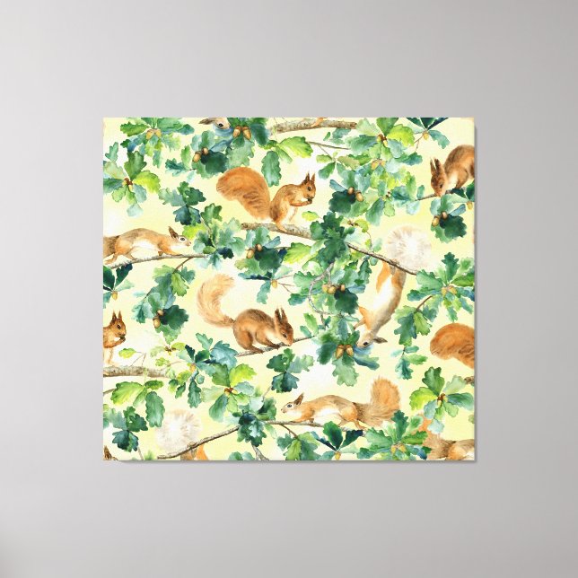 Impressão Em Tela Esquilos de aquarela, padrão uniforme de carvalho. (Frente)