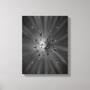 Impressão Em Tela Estética Celestial Lua e Pássaros Místicos Monocro