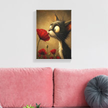 Impressão em Tela Esticada Gato Preto Fofo Flor Ve
