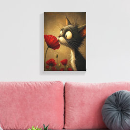 Impressão em Tela Esticada Gato Preto Fofo Flor Ve