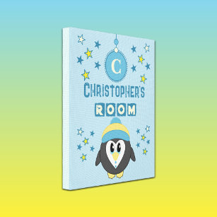 Impressão Em Tela Estrelas do pinguim adicionam nome crianças azul-a