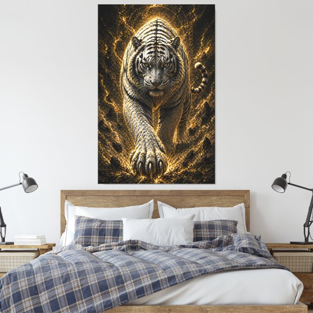 Impressão Em Tela Explosão de Poder do Tigre Branco - Espírito Ouro  (Insitu(Quarto))