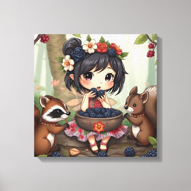 Impressão Em Tela Fada Chibi Comendo Amoras com Amigos da Floresta (Frente)