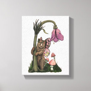 Impressão Em Tela Fada Cinzenta Cinzenta Rosa Bonita com Urso Encant