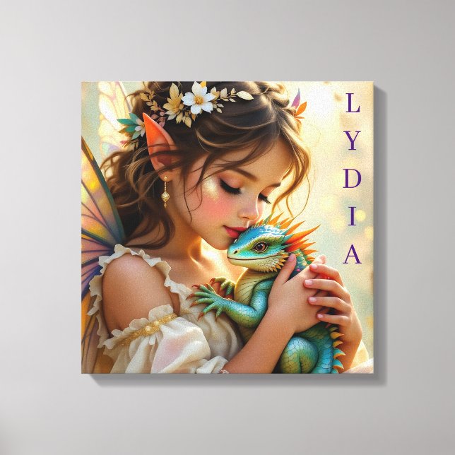 Impressão Em Tela Fada e Dragão Místicos Personalizados  (Frente)