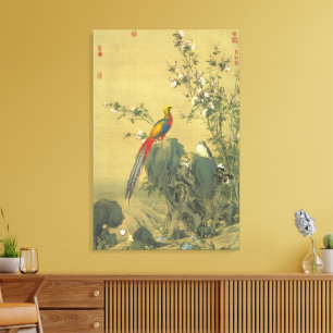 Impressão Em Tela Faisão Dourado Vintage no Jardim de Primavera Arte