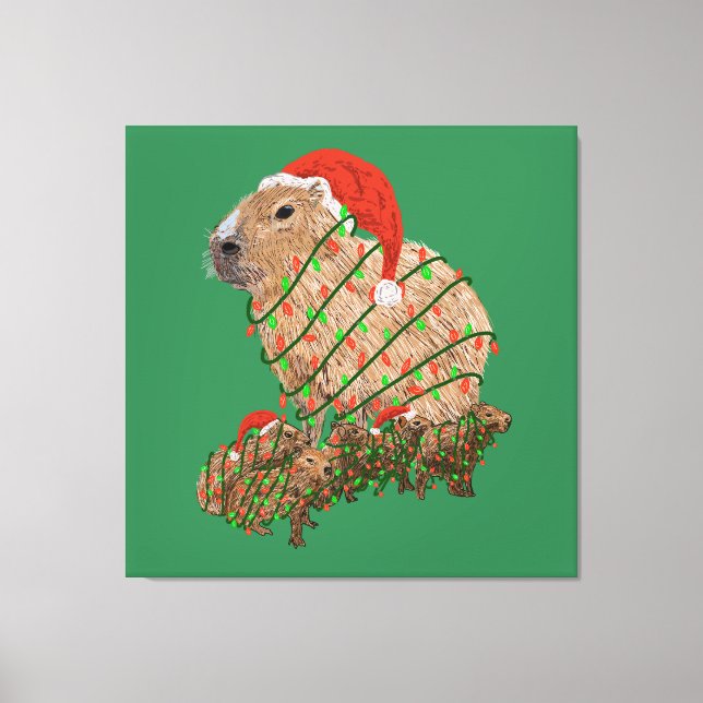 Impressão Em Tela Família Capybara de Natal Envolvida em Luzes (Frente)