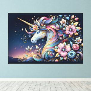 Impressão Em Tela Fantasia Noturna de Unicórnio Floral