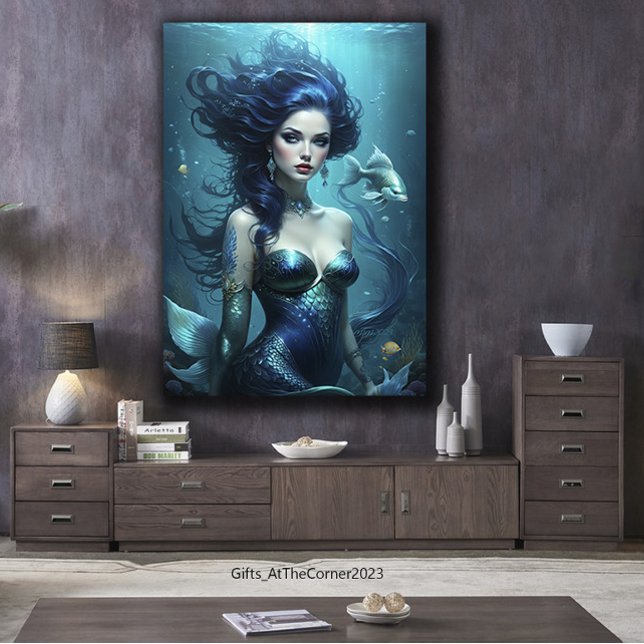 Impressão Em Tela Fantástica Linda Sereia Princesa Azul Submarina (Fantasy Mermaid Underwater)