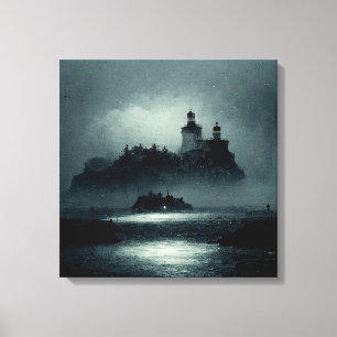 Impressão Em Tela Fantasy Island Lighthouse Misty Foggy Dark Night