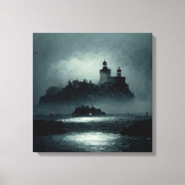 Impressão Em Tela Fantasy Island Lighthouse Misty Foggy Dark Night (Frente)