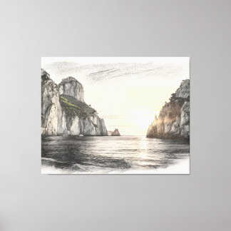 Impressão Em Tela Faraglioni cliffs over capri sea sunset drawing