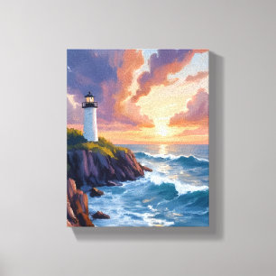 Impressão Em Tela Faro Costeiro Pôr do Sol   Pintura da Praia Oceano