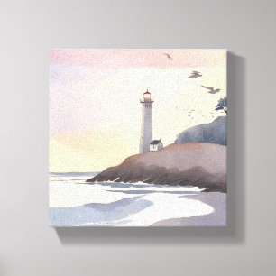 Impressão Em Tela Farol Costeiro Pintura em Aquarela da Praia