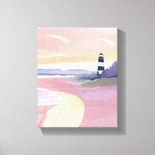 Impressão Em Tela Farol Pastel   Aquarela da Costa da Praia