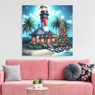 Impressão Em Tela Farol Tropical de Natal Whimsical Vermelho Teal