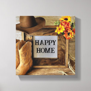 Impressão Em Tela Felicidade em Casa Vaqueira Estilo Cowboy Com Bota