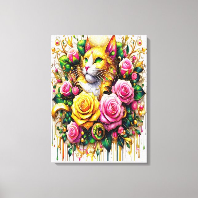 Impressão Em Tela Felino em meio a Bloom Floral Vibrante18x24 (Frente)