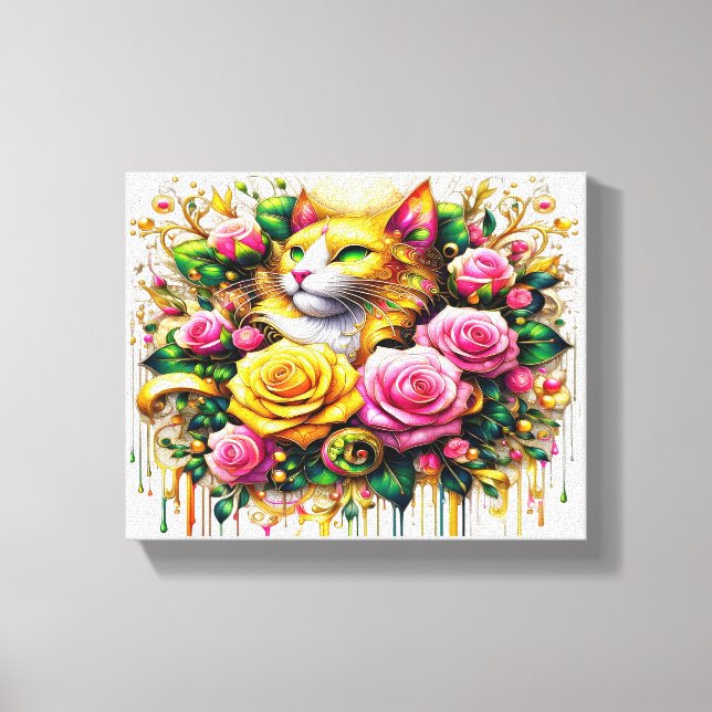 Impressão Em Tela Felino em meio a Bloom Floral Vibrante 10x8 (Frente)