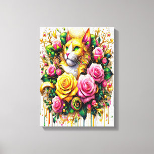 Impressão Em Tela Felino em meio a Bloom Floral Vibrante 12x16