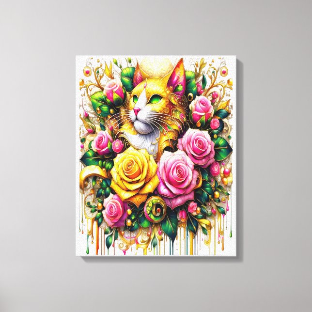Impressão Em Tela Felino em meio a Bloom Floral Vibrante 16x20 (Frente)