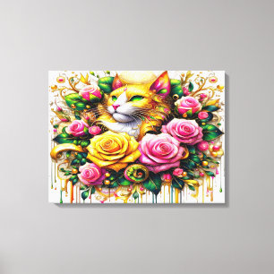 Impressão Em Tela Felino em meio a Bloom Floral Vibrante 24x18