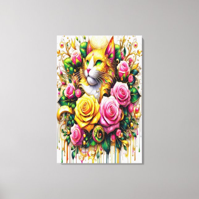 Impressão Em Tela Felino em meio a Bloom Floral Vibrante 24x36 (Frente)
