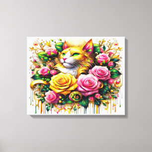 Impressão Em Tela Felino em Meio a um Vibrante Florescer Floral 20x1