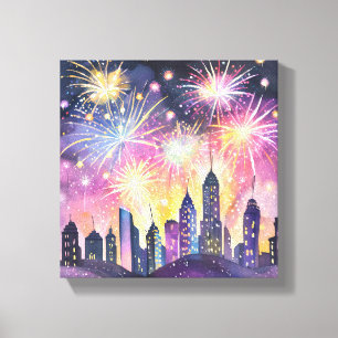 Impressão Em Tela Feliz Ano Novo   Foguetes Noite da Cidade Aquarela