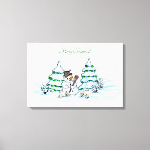 Impressão Em Tela Feliz Natal! Snowman com Cat e Puppy