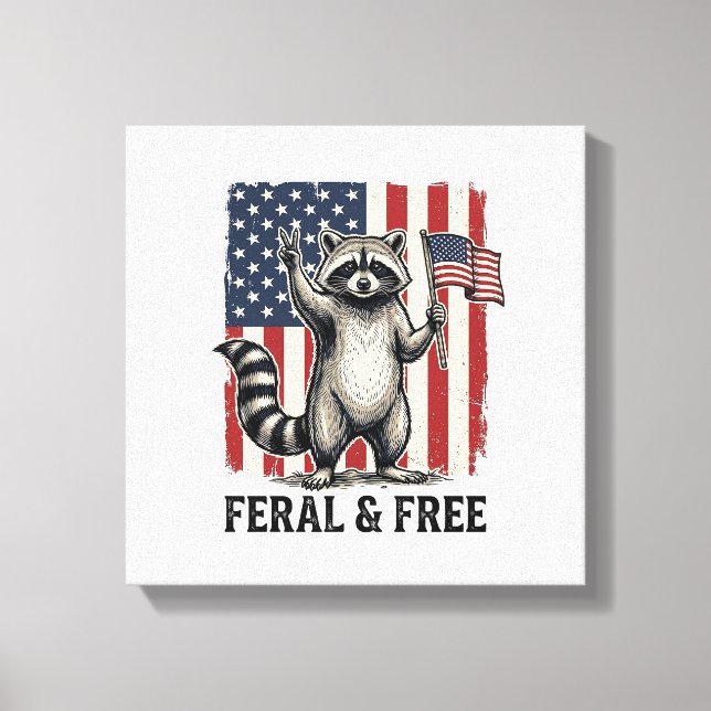 Impressão Em Tela Feral and Free Patriotic Raccoon Vintage Shirt Des (Frente)