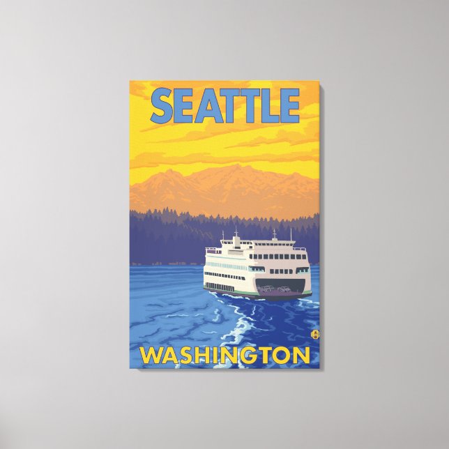 Impressão Em Tela Ferry and Mounains - Seattle, Washington (Frente)