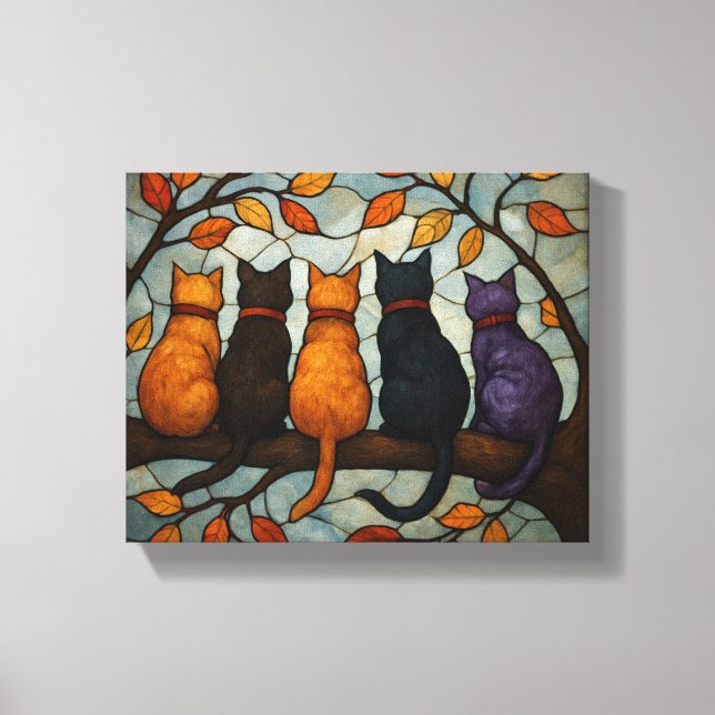 Impressão Em Tela Five Cats on a Tree Branch Stained Glass Style (Frente)