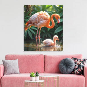 Impressão Em Tela Flamingo Mãe com Pintinho