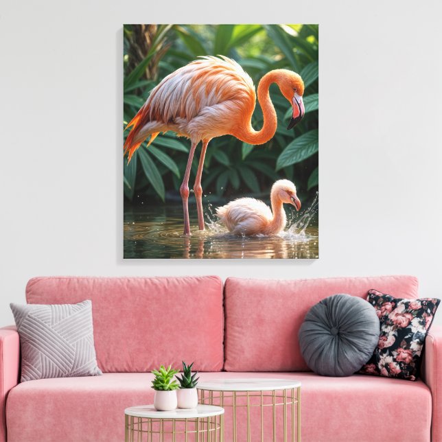 Impressão Em Tela Flamingo Mãe com Pintinho (Insitu(Sala de estar))