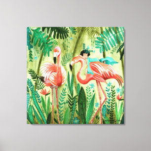 Impressão Em Tela Flamingo na selva tropical  emoldurado