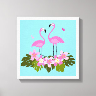 Impressão Em Tela Flamingos Tropicais e Ilustração Floral