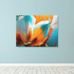 Impressão Em Tela Flor Abstrata em Laranja e Azul Turquesa