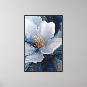 Impressão Em Tela Flor Azul Claro e Branco com Detalhes Dourados