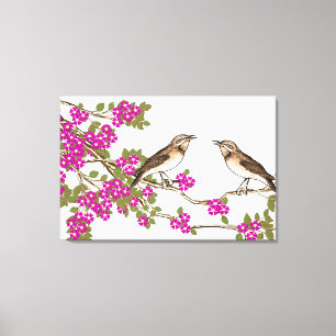 Impressão Em Tela Flor de Cerejeira Rosa Pássaros do Amor Vintage