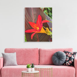 Impressão Em Tela Flor de Hemerocallis Laranja e Folha de Planta
