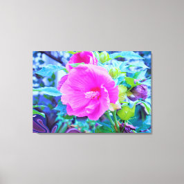 Impressão Em Tela Flor de Hibisco Rosa Elegante com Folhagem de Aqua