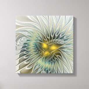 Impressão Em Tela Flor Fantasia Prata Dourada Arte Fractal Abstrata