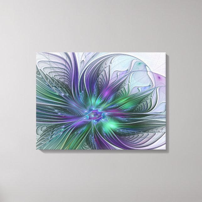 Impressão Em Tela Flor Moderna Abstrata Fractal Verde Roxo (Frente)
