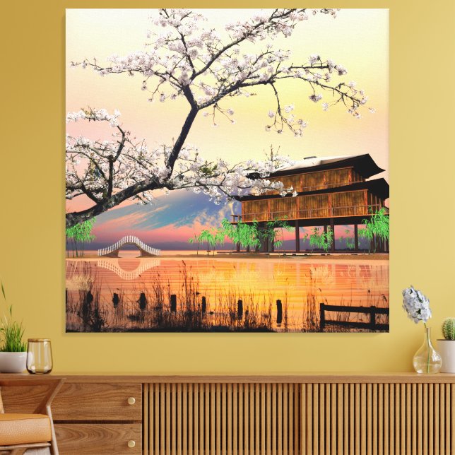 Impressão Em Tela Flor Tranquilo: Sunset Sobre uma Tomada Japonesa (Insitu(Sala de estar))