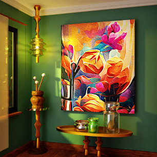 Impressão Em Tela Floral Abstrato Art Laranja Vermelho Azul Flores