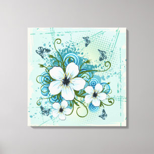 Impressão Em Tela Floral Azul de Verão e Borboletas